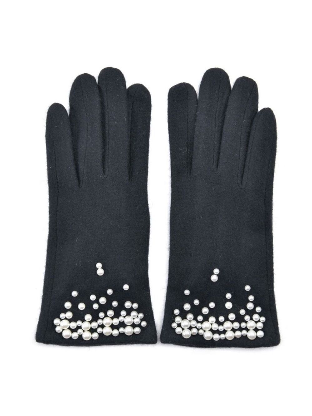 Black Cashmere Blend Fine Knit Faux Pearl Beaded Fleece Lined E Tip Gloves